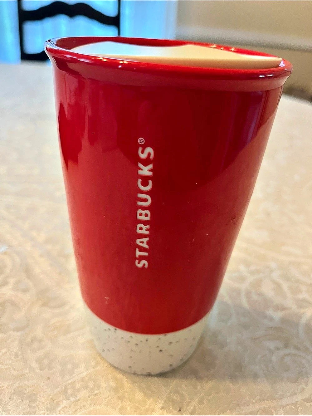 Starbucks Red & White 12 oz Tumbler with Lid JOYFUL in EUC